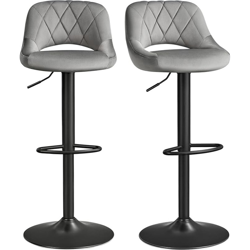 SONGMICS LJB072G01 Bar Stools, Set of 2, Kitchen Stools with Sturdy Metal Frame, Stools with Velvet Covers, Footrests, Height-Adjustable Seats, Easy Assembly, Retro, Dark Grey