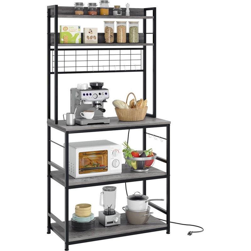 Shintenchi Baker's Rack with Socket, Large Storage Space, 10 Hooks, Coffee Bar with Metal Wire Plate, High Microwave Stand, Classic Kitchen Storage Rack Design, Grey