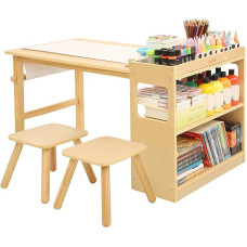 Bateso Children's Art Table & 2 Chairs Set with Roll Paper - Spacious Craft Table with Shelves for Drawing, Working and Learning - Ideal Wooden Furniture for Creative Play