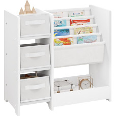 Lestarain Children's Room Shelf, Toy Organiser, Shelf for Children's Room, Playroom, with 3 Storage Boxes, 4 Hanging Compartments, 1 Compartment, Made of Solid MDF Wood, White, 65 x 60 x 30 cm (W x H