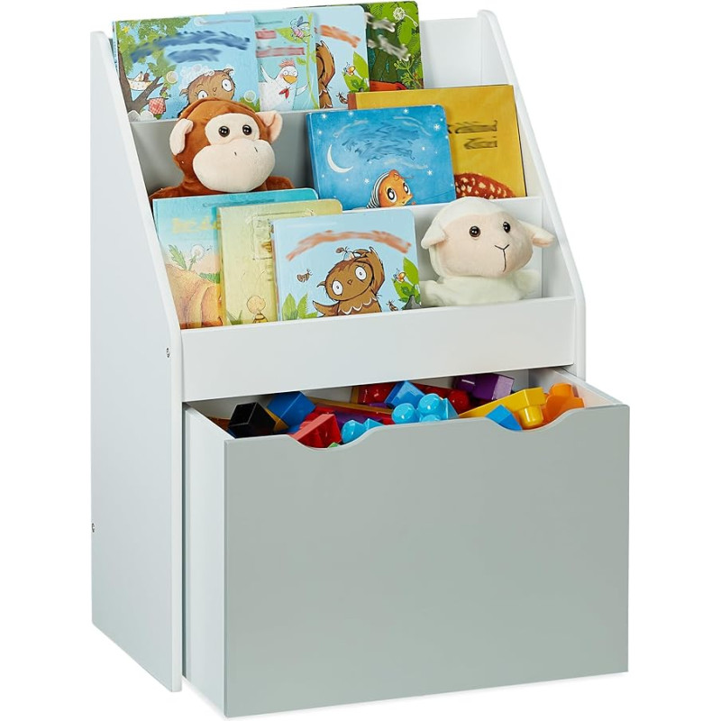 Relaxdays Children's Shelving Unit with 3 Shelves, Box with Wheels, H x D: 70 x 50.5 x 28 cm, Narrow Toy Shelf, White/Grey