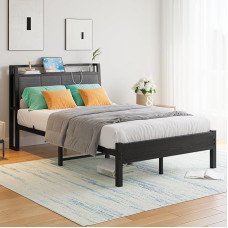 FOUBAM Metal Bed Frame 120 x 200 cm with Charging Station, Ergonomic Robust Metal Bed with Wooden Fabric Storage Headboard, Guest Bed Double Bed/Single Bed Frame, Metal with Slatted Frame, Black