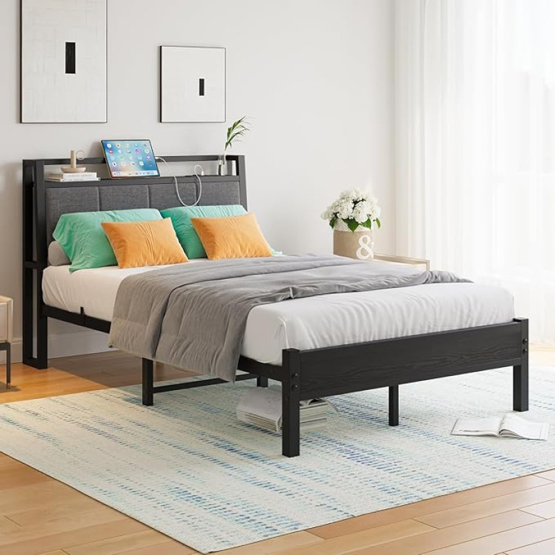 FOUBAM Metal Bed Frame 120 x 200 cm with Charging Station, Ergonomic Robust Metal Bed with Wooden Fabric Storage Headboard, Guest Bed Double Bed/Single Bed Frame, Metal with Slatted Frame, Black