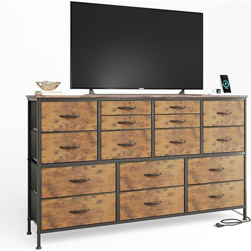 MUTUN Chests of Drawers & Sideboards with Socket, 16 Fabric Drawers with Handles, Clothes Storage, Holds Up to a 55 Inch TV Tall Dressers, Brown