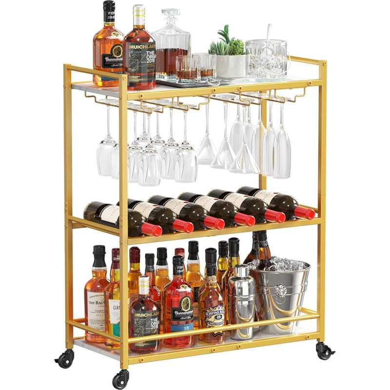 Lifewit Serving Trolley, 3-Tier Bar Cart with Lockable Wheels, Wine Rack and Glass Holders, Kitchen Trolley, Dining Room, Living Room, 63.2 x 30 x 81.5 cm, Gold