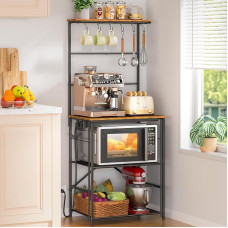 DAOUTIME 4-Tier Farmhouse Bar Rack with Socket, Kitchen Stand with 8 S-shaped Hooks, Large Space, Coffee Station Table for Kitchen & Living Room