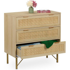 Relaxdays Chest of Drawers, 3 Drawers, Rattan & Wood Look, H x D: 80 x 80 x 42 cm, Living Room, Hallway, Chest of Drawers Cabinet, Natural/Gold