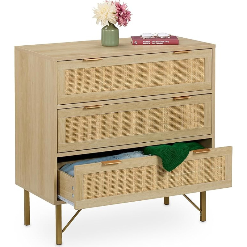 Relaxdays Chest of Drawers, 3 Drawers, Rattan & Wood Look, H x D: 80 x 80 x 42 cm, Living Room, Hallway, Chest of Drawers Cabinet, Natural/Gold