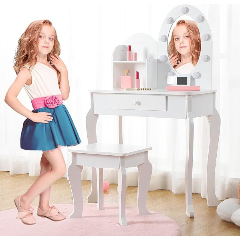 GarveeHome Dressing Table for Girls with Light and Mirror, Dressing Table and Stool for Children, Wooden Dressup Playset for 4-9, White
