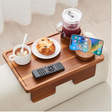 GEHE Armlehnentisch aus Akazienholz, 39,1 x 24,9 cm groß, 3-in-1 Couch-Armlehne, Tisch mit abnehmbarem Getränkehalter und um 360° drehbarem Handyhalter, für Tassen, Getränke, Snacks, Telefon