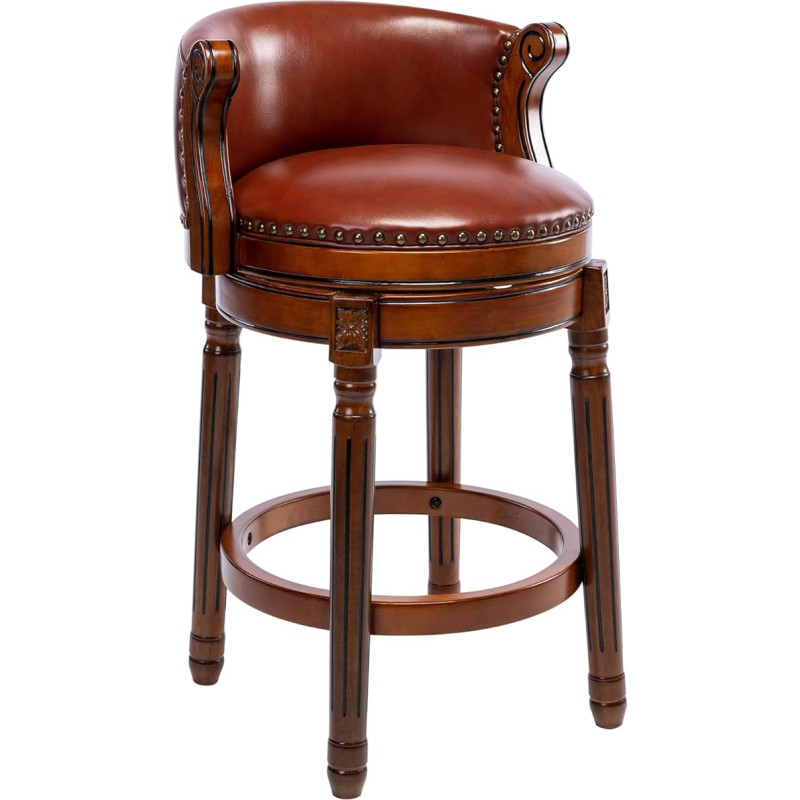 AULIFE Wooden Bar Stool - 360° Rotating Bar Stool with Backrest, Genuine Leather Seat, Handmade with Nail Head Decoration, Solid Rubberwood Frame, Retro Bar Chair for Kitchen & Bar (Brown, Seat Height