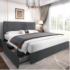 VECELO Upholstered Double Bed 140 x 200 cm with 4 Storage Drawers, Double Bed Frame with Height-Adjustable Headboard and Storage Box, Bed with Storage Space and Slatted Frame, Mattress Not Included