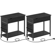 VASAGLE Side Table Set of 2 Bedside Table with Socket Slim USB Ports Pocket Living Room Bedroom Black Wood Grain LCT647B56