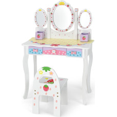 COSTWAY Children's Dressing Table Set, Princess Dressing Table with Folding Mirror, Makeup Stool and 3 Drawers, Makeup Dressing Table, Dressing Table for Children, Girls (White)