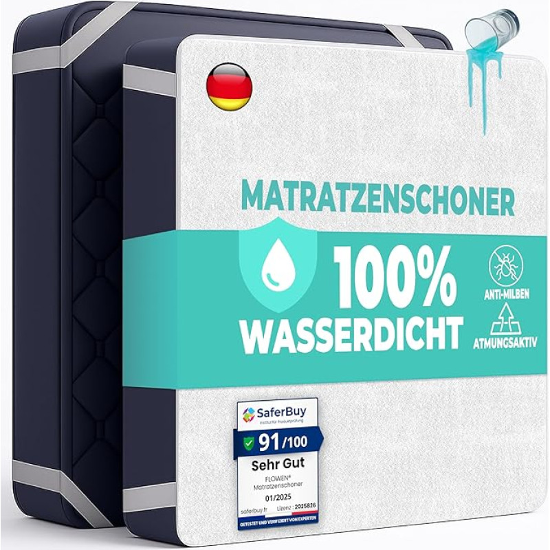 Mattress Protector, 180 x 200 cm, Waterproof, Pack of 2 Cotton Mattress Topper, Moisture Protection, Incontinence Pad, Breathable Mattress Cover, Anti-Allergy, Anti Mite, for Bed, Washable