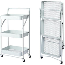 Megashopitalia Kitchen Trolley Folding Multi-Purpose Handle with 3 Shelves 4 Wheels and Metal Brake Space Saving White