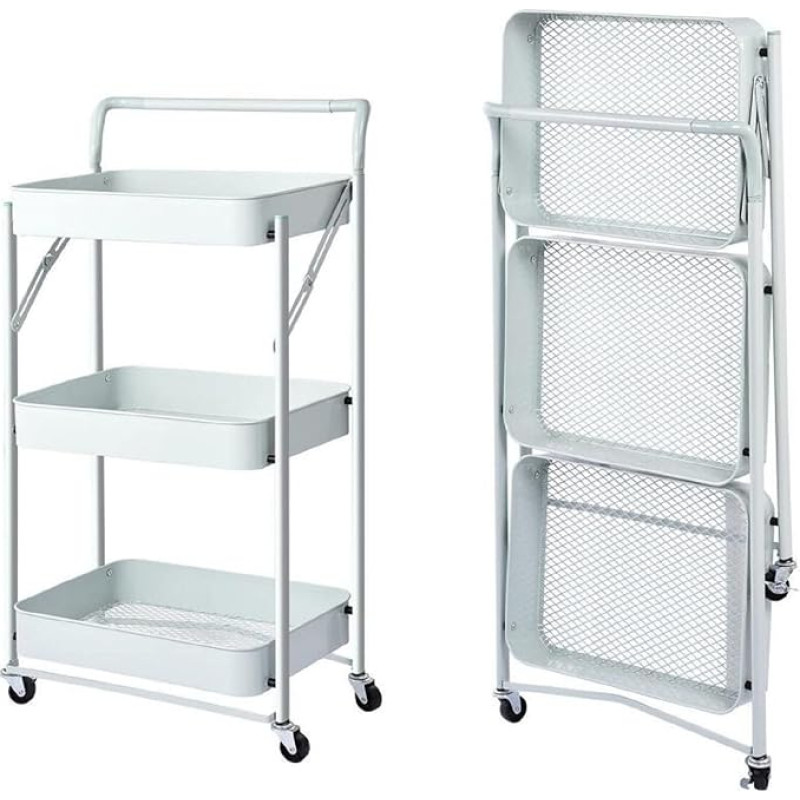 Megashopitalia Kitchen Trolley Folding Multi-Purpose Handle with 3 Shelves 4 Wheels and Metal Brake Space Saving White
