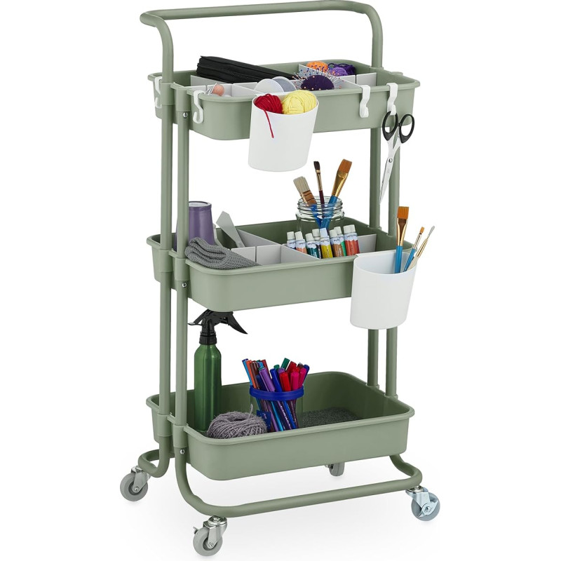Relaxdays Rolling Trolley, 3 Levels, Serving Trolley, Kitchen Trolley for Bathroom and Office, Rolling Shelf, HBT: 86 x 42.5 x 36 cm, Craft Trolley, Green