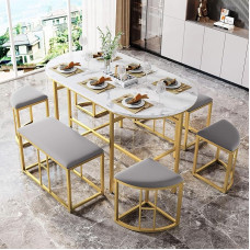 Dining Set with Dining Table and 6 Chairs (140 x 70 x 76 cm), Kitchen Table Set for Dining Room, Kitchen, Living Room, Dining Room Group with Metal Frame, Perfect for Stylish Dinner Parties and