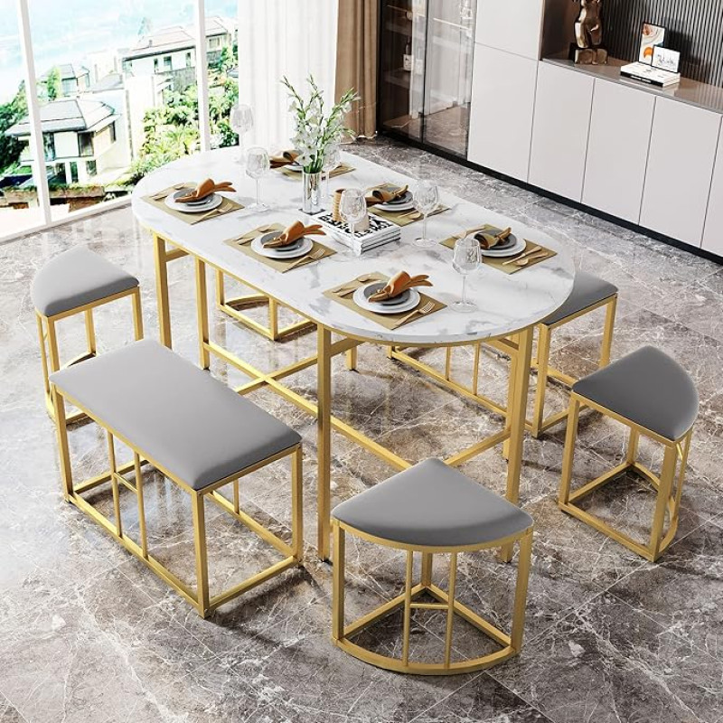 Ymkua Dining Table with 6 Chairs, Kitchen Table Set, Dining Table Set for 6 People, Dining Table Set with 6 Chairs, Round Dining Table for Dining Room, Kitchen, Living Room, Gold Dining Set with