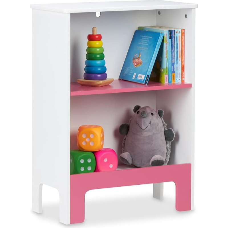 Relaxdays Children's Shelf, 2 Compartments, H x W x D: 66 x 48 x 24 cm, for Books and Toys, Toy Shelf, Children's Room, White/Pink