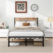 FOUBAM Bed Frame 120 x 200, Metal Bed with Wooden Headboard, Metal Bed Frame with Slatted Frame, Single Bed Frame, Guest Bed, Youth Bed for Bedroom, Guest Room, Bed Frame, Black