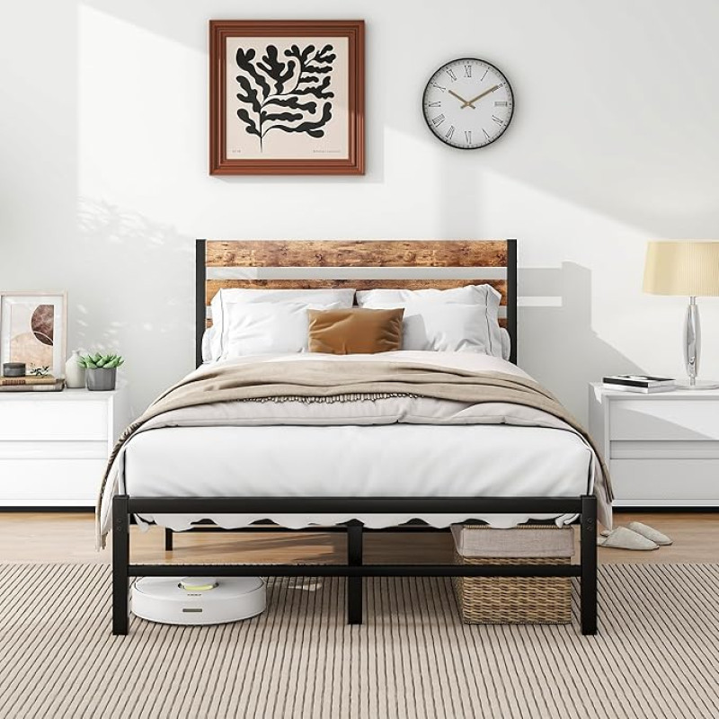 FOUBAM Bed Frame 120 x 200, Metal Bed with Wooden Headboard, Metal Bed Frame with Slatted Frame, Single Bed Frame, Guest Bed, Youth Bed for Bedroom, Guest Room, Bed Frame, Black