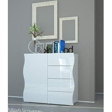 Modern Sideboard, Designer Sideboard with 1 Door and 4 Drawers, Made in Italy, TV Stand, Living Room Buffet, cm 90 x 40 H81, Glossy White Colour