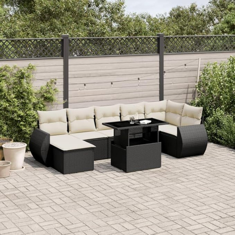 Homgoday Set Schlafsofa, Gartensofa-Set mit Kissen, 8-teilig, schwarz, aus Polyrattan, Sofa, Wohnzimmer, Gartensofa, modernes Sofaset für den Außenbereich, Möbel Modell 3268686