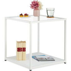 Relaxdays Square Side Table, 2 Shelves, H x W x D: 50 x 50 x 50 cm, Glass Top, Metal Frame, Living Room Coffee Table, White