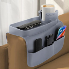 Silicone Cup Holder, Non-Slip Armrest with Two Side Pockets, Large Capacity Sofa Organizer for Remote Control, Phone, Snacks and Drinks, Weighted and Sturdy (Grey)