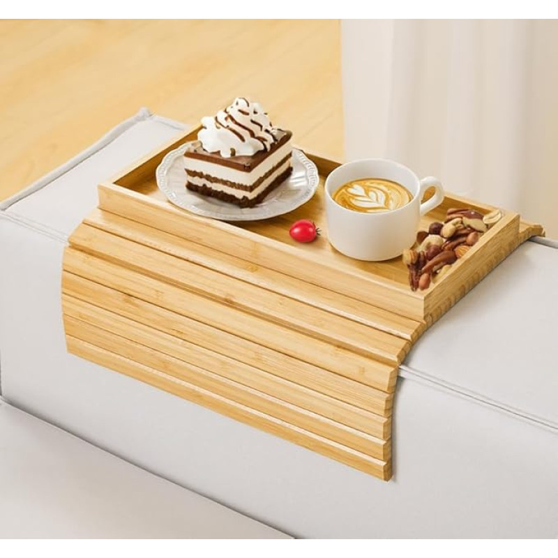 BEZHGOC Sofa Armrest Tray, Sofa Table for Couch Foldable Bamboo Armrest Tray Couch Cup Holder Sofa Tray for Snacks Drinks Phone Control