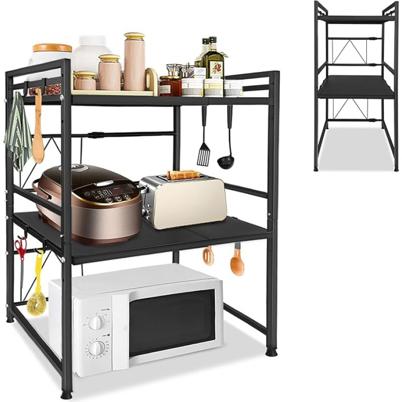 JNGLGO Expandable Microwave Shelf 2-Tier Microwave Shelf Kitchen Shelf Standing Microwave Holder with 8 Hooks Microwave Stand for Kitchen Worktop Expandable 40-60 cm Black