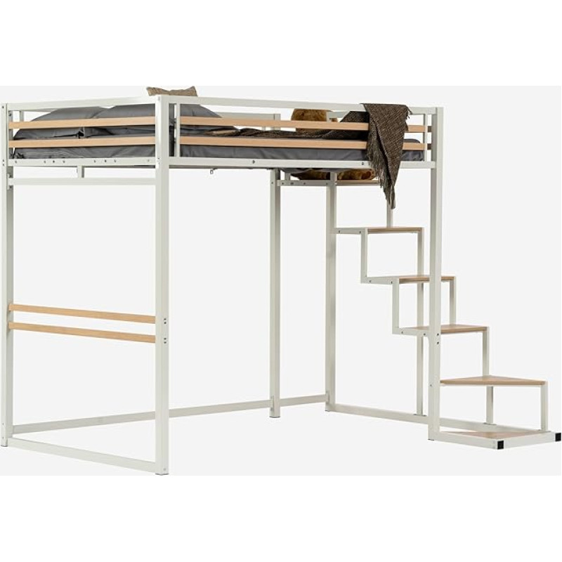 MEUBLE COSY Bunk Bed 140 x 200 cm Bed Frame Bunk Bed with Slatted Frames Made of Wood and Metal, Industrial, for Adults and Children, White + Beech Wood