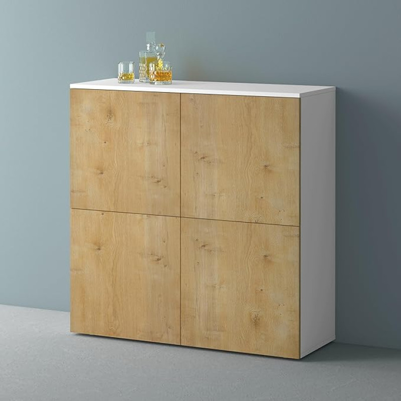 Mai & Mai Furniture Chest of Drawers Storage Cabinet with 4 Doors in Matt White + Core Oak Sideboard Cabinet Multi-Purpose Cabinet Width 100 x 36.4 x 98 cm