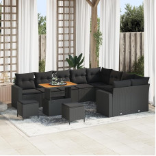 Rantry 12-teiliges Garten Sofa Set mit Kissen Schwarzes Poly-Rattan Akazie, 3-teiliges Garten Esstisch Set mit Kissen Schwarzes Poly-Rattan Akazie Gartenlounge Model3361654