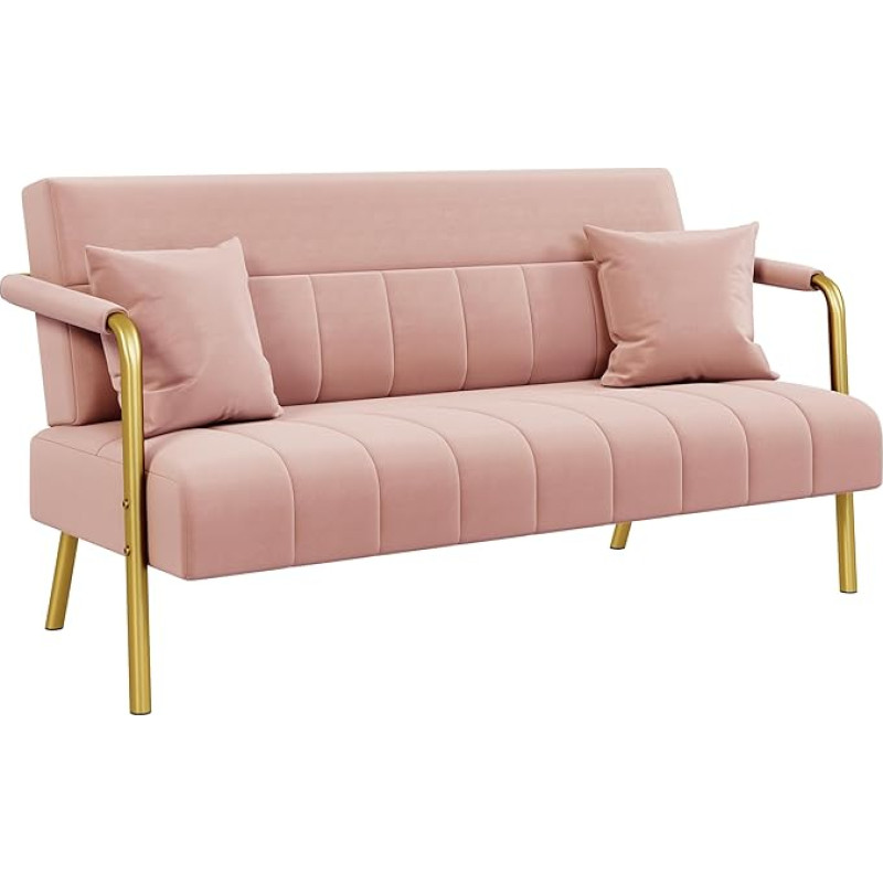 Yaheetech Upholstered Sofa with Armrests & Legs Made of Metal Modern Two Seater Sofa with 2 Lumbar Cushions Loveseat for Living Room, Home Office, Pink