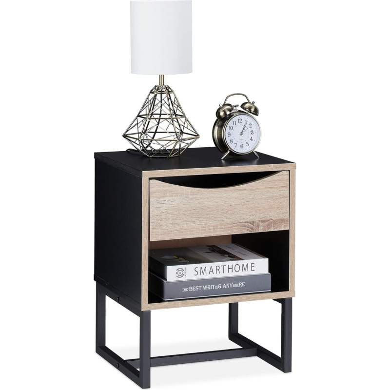 Relaxdays Bedside Table with Drawer, H x W x D: 50 x 39 x 35 cm, Side Table Living Room & Bedroom, Metal, Wood Effect/Black