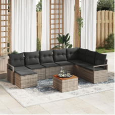 Rantry 9-teiliges Garten Sofa Set mit Kissen Grau Poly Rattan Akazienholz, 2-Sitzer Garten Sofa mit Kissen Grau Poly Rattan Gartenlounge Model3347741