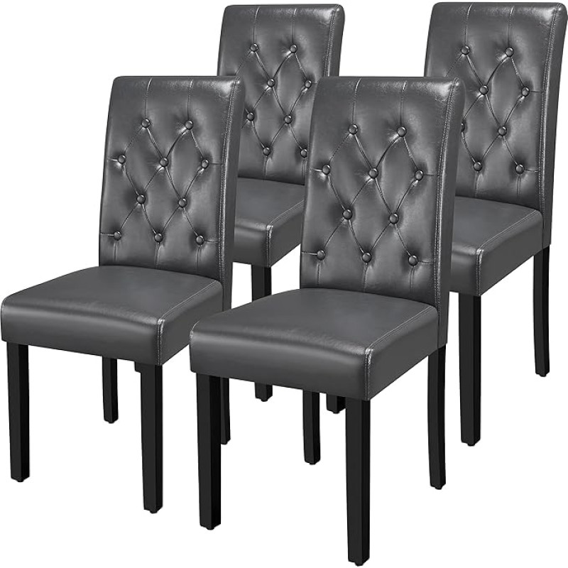 Yaheetech Dining Room Chairs, Set of 4, Kitchen Chairs, Recliner Chairs, Upholstered Chairs with High Backrest, Solid Wood Legs, Padded Faux Leather Seat, Grey