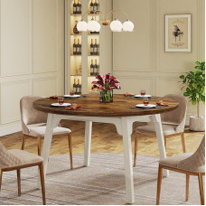 Tribesigns Round Dining Table for 4-6 People, 120 x 75 cm (Diameter x H), Round Dining Table with Solid Wood Legs, Modern Wooden Table for Dining Room, Home, Brown and White (Marron A)
