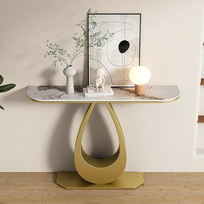 Moderner Eingangstisch mit Marmorplatte und goldfarbenem Metallsockel, stilvolle Konsole, Sofatisch für Foyer, Flur oder Wohnzimmer (80 cm) – schicke Heimdekoration