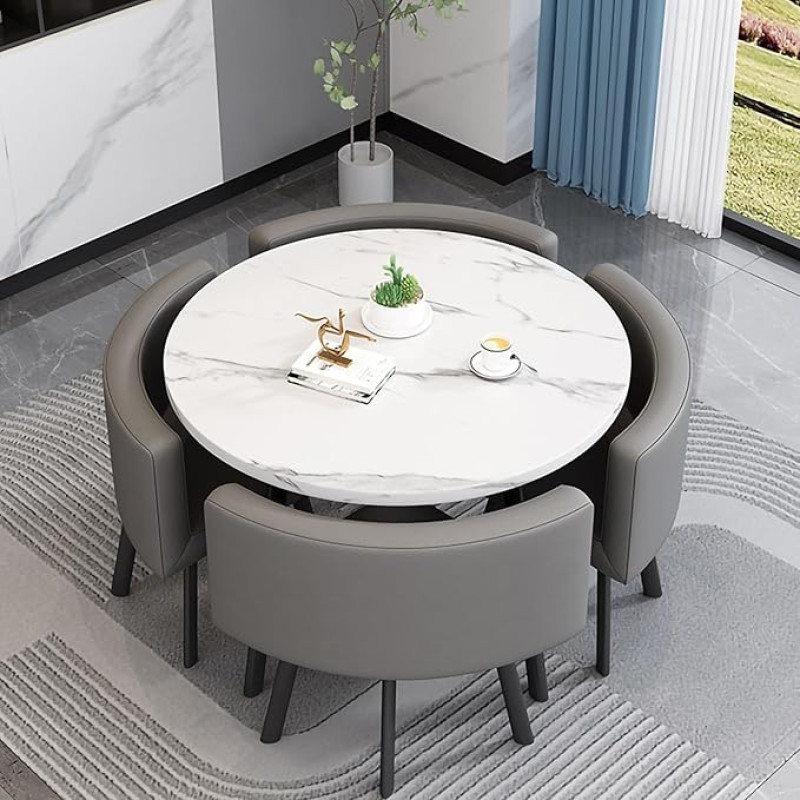 JFOZDM Round Dining Table with 4 Chairs, Kitchen Dining Set Table, Round Conference Table, Space-Saving, PU Leather and Linen Blend, Kitchen Table with Chairs for Dining Room, Kitchen, Living Room