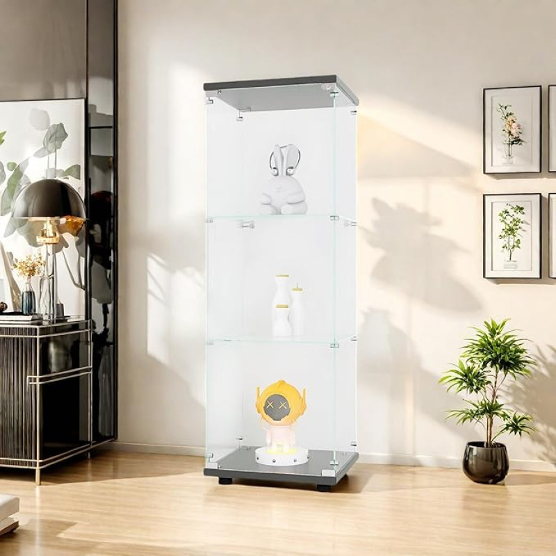 jeerbly Glass Display Cabinet in Black (42 x 36 x 125 cm) with 3 Glass Shelves and 1 Tempered Glass Door, Model Car Display Cabinet, Collector's Display Cabinet, Living Room Cabinet, Shelf Wall Glass