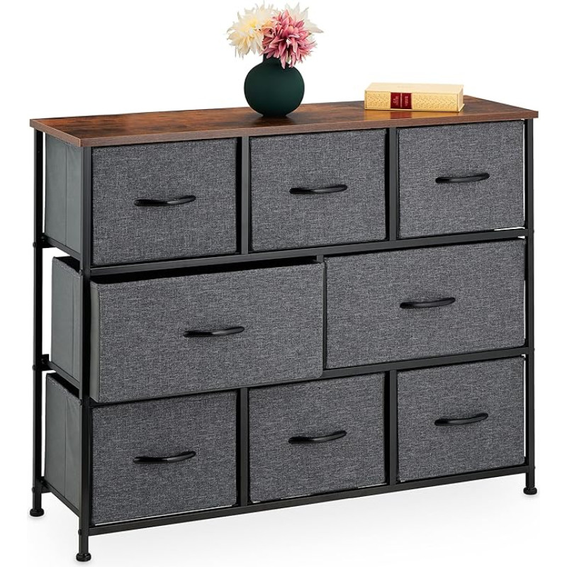 Relaxdays Industrial Chest of Drawers HBT: 78.5 x 100 x 30 cm, 8 Drawers, Fabric & Metal, Wood Look, Sideboard, Grey/Brown