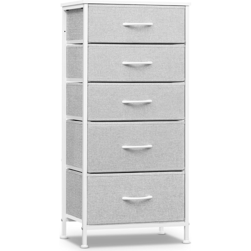 WOLTU Chest of Drawers with 5 Drawers Made of Fabric, Sideboard, Drawer Cabinet, for Bedroom, Living Room, Hallway, Made of Metal Frame, Wood Material, Dove Grey / Cloud White