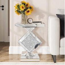 Jesantab Mirrored Glass Side Table with Crushed Diamond Pattern, Silver Side Table, Small Mirrored Coffee Table for Living Room, Bedroom, 40 x 40 x 60 cm