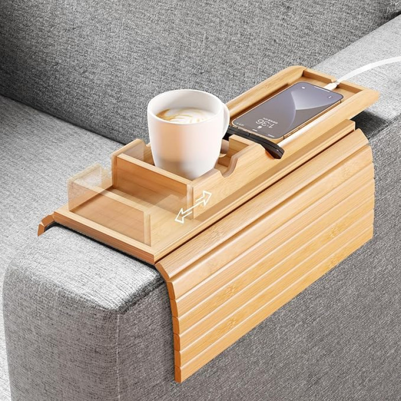 Couch Drink Holder and Sofa Armrest Tray 2 in 1 Couch Armrest Cup Holder Removable Non-Slip Foldable Sofa Arm Tray Table for Drinks Cups Mobile Phone Remote Snacks