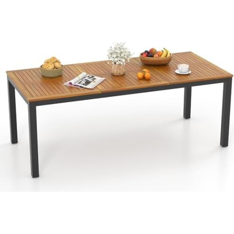 FANTASK Garden Table with Umbrella Hole, 200 x 90 cm, Large Patio Table for 8 People, Rectangular Balcony Table Made of Acacia Wood, Outdoor Dining Table, Natural + Black