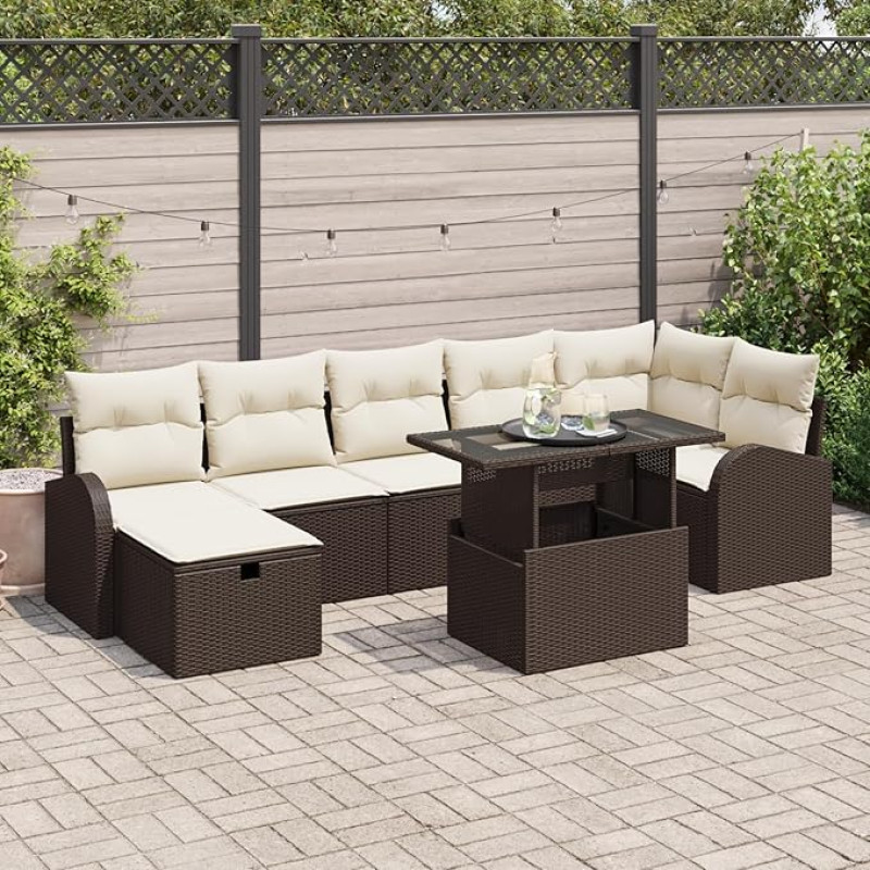 Rantry 8-teiliges Garten-Sofa-Set mit Kissen Braun Poly Rattan, 2-Sitzer Garten-Sofa mit Stauraum & Kissen Braun Poly Rattan Gartenlounge Model3361097